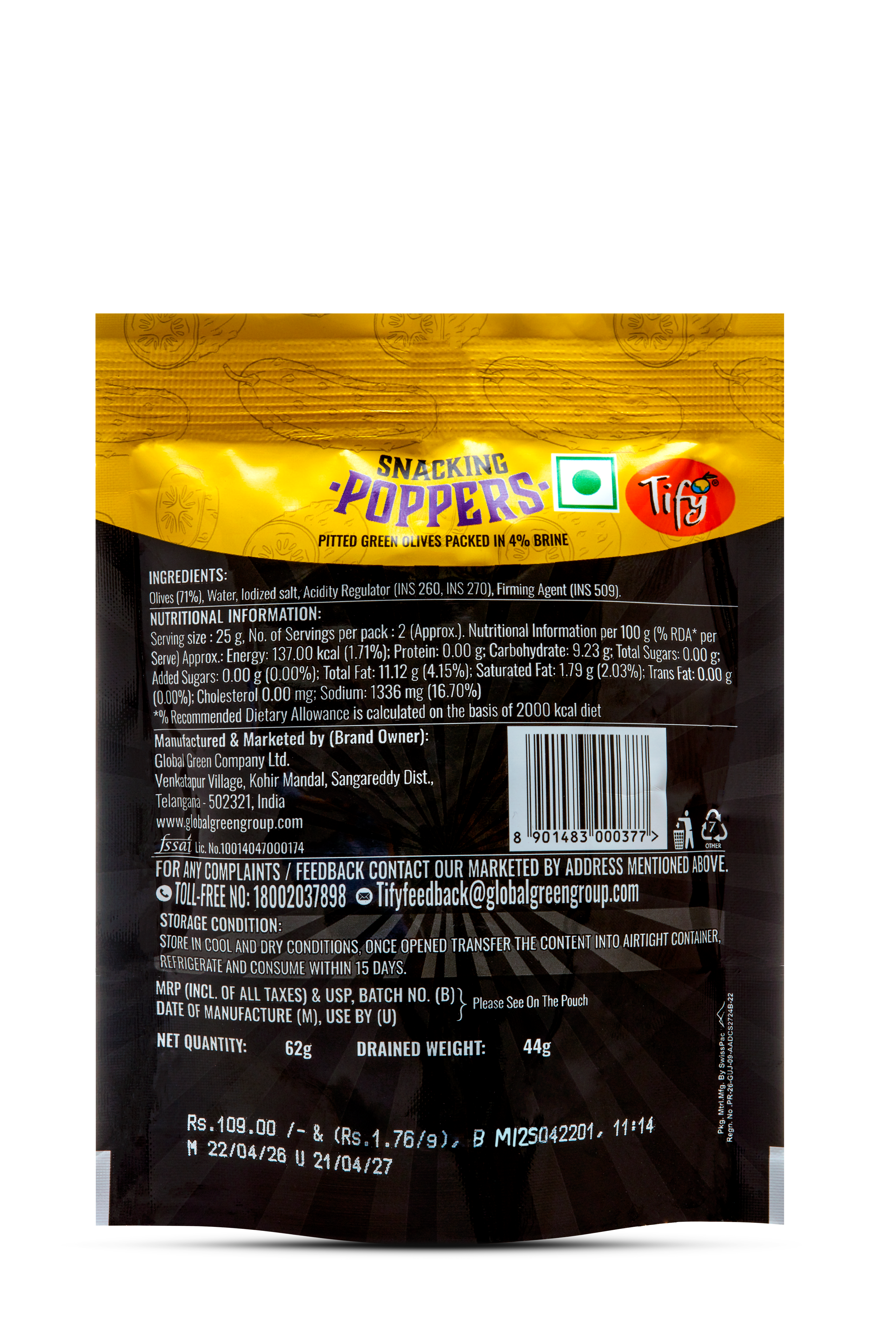 Snacking Poppers Olives Pitted 62g